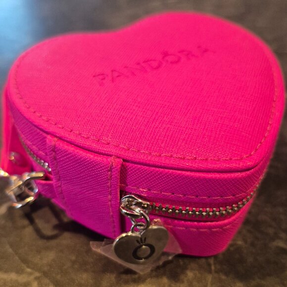 Pandora Bright Pink Heart Jewelry Case with Wristlet – Travel Storage Box - New - Picture 1 of 5